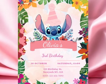 Invito di compleanno Stitch / Invito per festa modificabile (modello Canva)