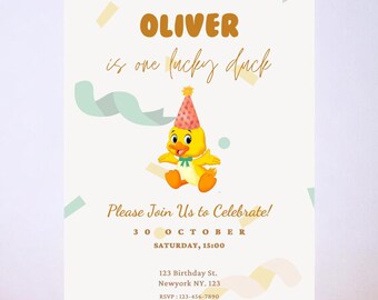 Invito per il primo compleanno di One Lucky Duck – Modello di paperella di gomma modificabile (download digitale)