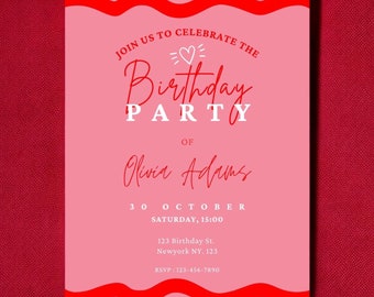 Invito di compleanno retrò anni '70 - Design personalizzabile rosa e rosso