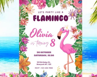 Invito di compleanno modificabile a tema fenicottero – Festa tropicale, tag di ringraziamento (download digitale)