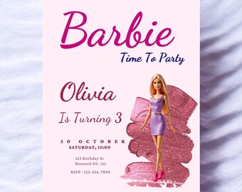 Invito di compleanno Barbie glitterato / Biglietto per festa glamour rosa (modello modificabile)