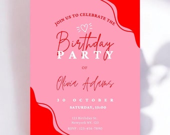 Modello di invito di compleanno ondulato rosa e rosso retrò anni '70 (colori modificabili)