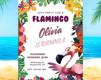 Invito per festa di compleanno Flamingo - Invito modificabile Let's Flamingle - Biglietto di compleanno personalizzato stampabile per bambina