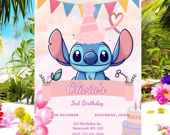 Invito di compleanno Stitch / Invito per festa modificabile, modello Canva (download digitale)