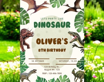 Modello di invito di compleanno a tema dinosauro - Invito digitale modificabile per feste per bambini