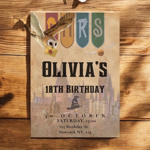 May include: A vintage-style invitation for an 18th birthday party with a Harry Potter theme. The invitation features a Hogwarts castle, a flying owl, and the Hogwarts house crests. The text reads "Olivia's 18th Birthday" and includes the date, time, and location of the party.