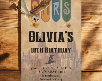 Invito di compleanno modificabile per maghi, festa magica (download digitale, modello Canva)