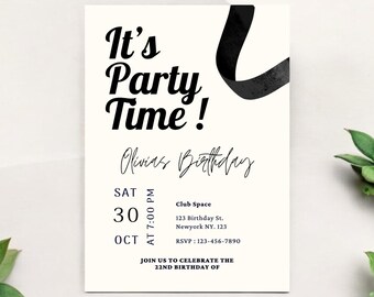 Modello di invito di compleanno con fiocco nero, Party Time (download digitale)