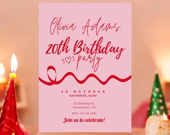 Invito personalizzato per la festa del 20° compleanno / Design rosso e rosa (download immediato)