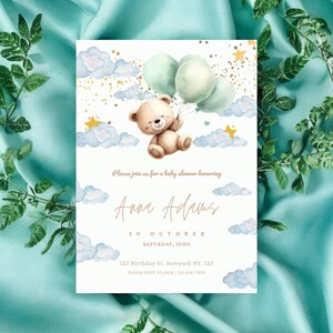 Bearbeitbare Bären-Ballons-Babyparty-Einladung, druckbare Oh-Baby-Teddybär-Babyparty-Einladung, geschlechtsneutraler Braunbär, DIGITALER DOWNLOAD