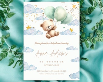 Invito per baby shower a tema orsetto, palloncini, genere neutro (download digitale)