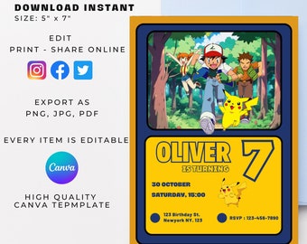 Invito di carta Pokemon modificabile, invito di compleanno Pokemon, invito alla festa di compleanno di Pikachu, modello di invito Pokemon stampabile