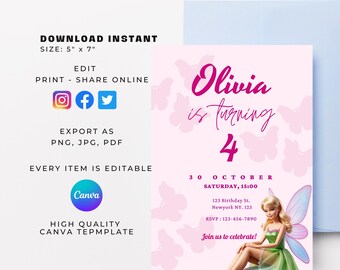 Invito di compleanno modificabile per bambole, invito per festa per ragazze (download digitale)