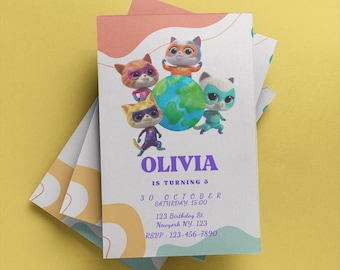 Invito di compleanno Super Kitties / Modello Canva modificabile