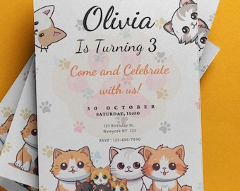 Invito di compleanno personalizzato Kawaii Kitty - Invito stampabile modificabile