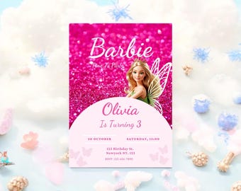 Invito di compleanno Barbie glitterato / Biglietto per festa glamour rosa (modificabile, stampabile)