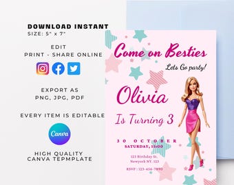 Invito di compleanno Barbie - Festa del trucco per bambine, giornata alla spa (file digitale 5x7)