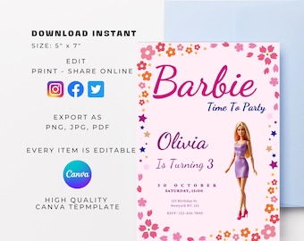 Invito di compleanno Barbie modificabile / Modello per festa rosa (download digitale)