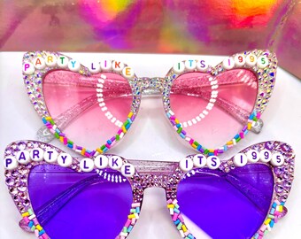 Custom Birthday Sunglasses, Heart Shaped, Bedazzled 90s Theme