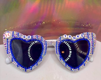 Yankees Sunglasses – Rhinestone Heart Glasses, MLB Pinstripes