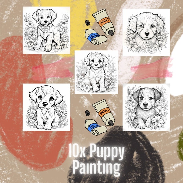 10 puppy kleurplaten, direct downloaden, PDF-bestand, schattige puppy's