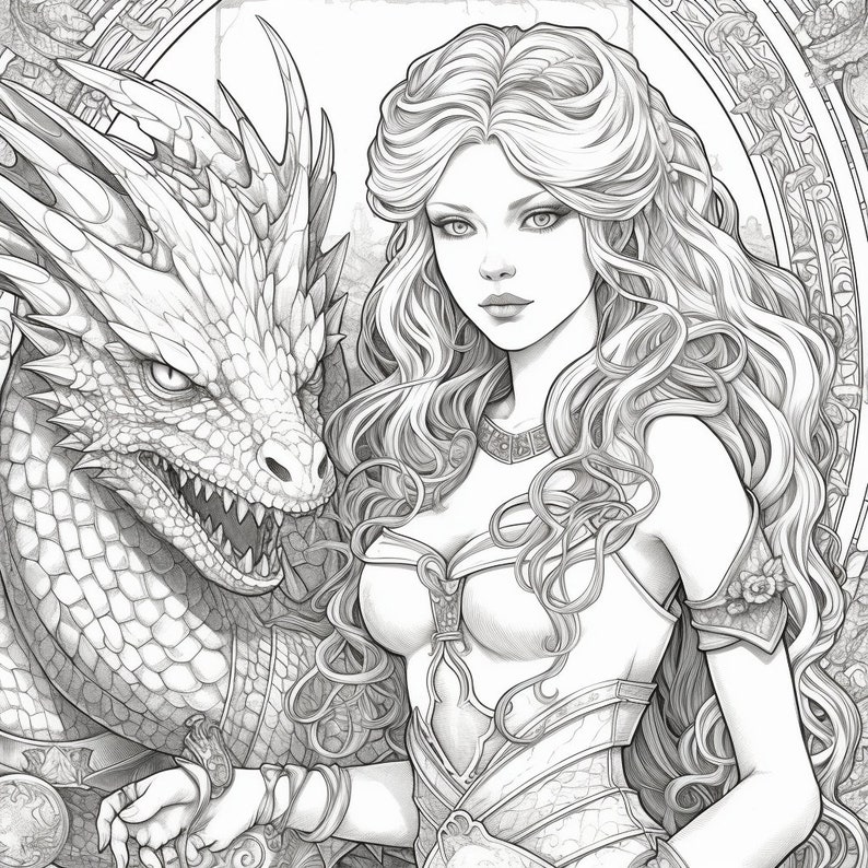 10 Dragon Princess Coloring Pages Digital Download Coloring Etsy
