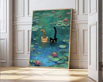 Monet-Inspired Cat Lover Art Print: Whimsical Water Lilies Wall Decor