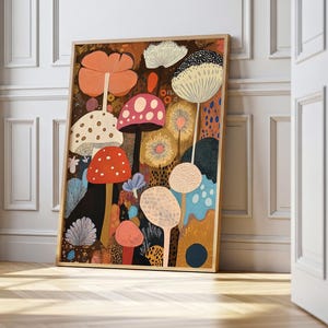 Skurriler Pilz Art Print - Buntes botanisches Wanddekor, Yayoi Kusama inspiriert, Natur abstrakte Kunst, Boho Cottagecore Poster