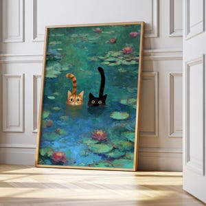 Monet Inspired Art Print: Whimsical Cat Poster Funny Cat Wall Art