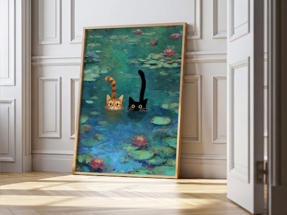 Monet Inspired Art Print: Whimsical Cat Poster Funny Cat Wall Art