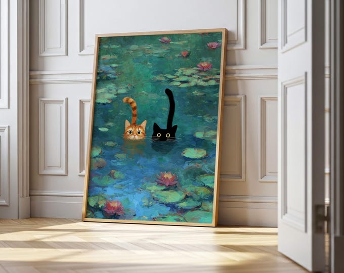 Monet-Inspired Cat Lover Art Print: Whimsical Pond Scene Wall Art (Made-to-Order)