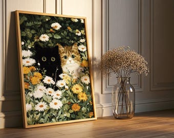 Kittens in Daisies Art Print – Whimsical Cat Pet Wall Decor