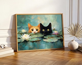 Monet Inspired Cat Art Print: Whimsical Water Lilies Painting