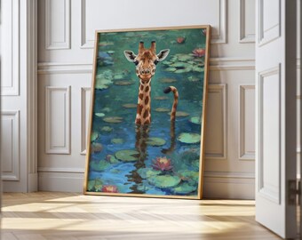 Funny Whimsical Giraffe Art Print: Animal Nursery Kids Rooms Wall Decor