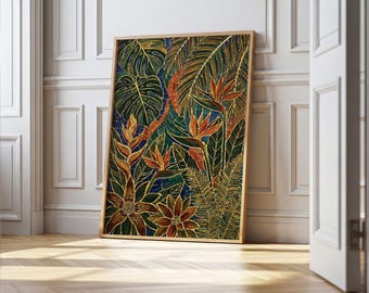 May include: A framed botanical art print featuring a vibrant tropical design. The artwork showcases lush green leaves, orange flowers, and intricate gold detailing. The print is displayed against a white wall and wooden floor.
