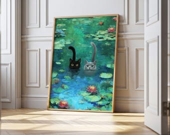 May include: A framed art print depicts two cats in a pond with lily pads and flowers. One cat is black, the other gray, both with their heads above the water. The artwork has a light wooden frame and is displayed in a room with a white wall and wooden floor.