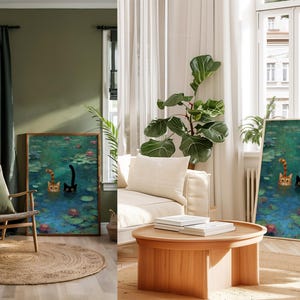 May include: A framed art print depicting two cats in a pond with lily pads. One cat is ginger and white, the other is black. The artwork is displayed in a living room setting with a wooden chair, round rug, and a sofa.