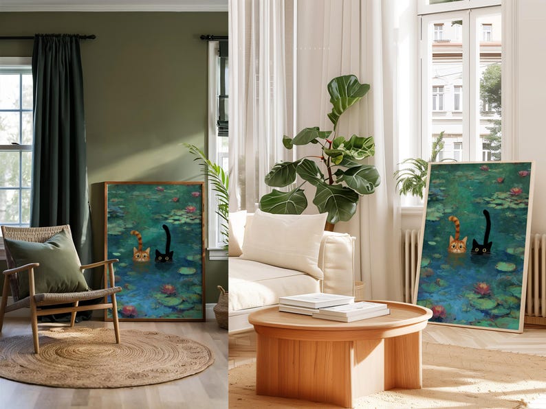May include: A framed art print depicting two cats in a pond with lily pads. One cat is ginger and white, the other is black. The artwork is displayed in a living room setting with a wooden chair, round rug, and a sofa.