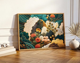 Lámina botánica abstracta: arte mural de flores silvestres con un toque terroso y audaz, decoración bohemia para el hogar.