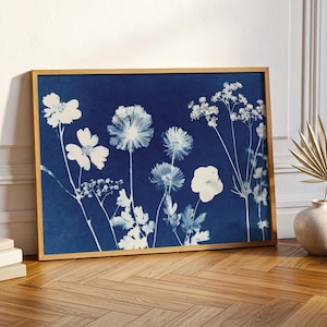 Cyanotype Botanical Print: Vintage Floral Silhouette Wall Art