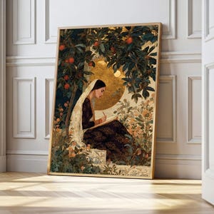 May include: Framed art print featuring a woman writing under a tree with red fruit. The artwork has a vintage style with a gold background and a detailed depiction of foliage and flowers. The woman is wearing a dark dress and a white head covering.