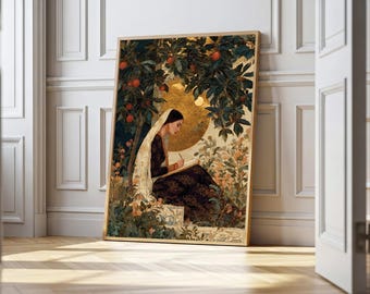 May include: Framed art print featuring a woman writing under a tree with red fruit. The artwork has a vintage style with a gold background and a detailed depiction of foliage and flowers. The woman is wearing a dark dress and a white head covering.