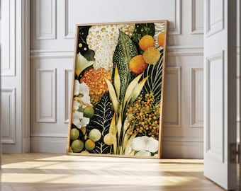 Botanical Abstract Art Print | Modern Nature Wall Art | Golden Green Floral Decor