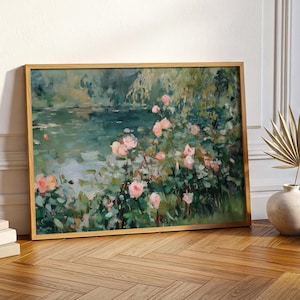 Impressionistische tuinkunstdruk: door Monet geïnspireerd bloemenlandschap rozentuin
