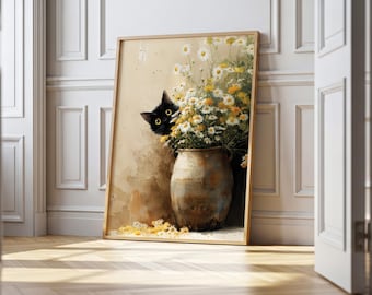 Whimsical Black Cat Floral Art Print - Cat Lover Gift and Cottagecore Wall Decor