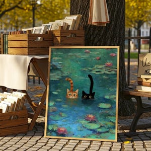 May include: A framed print of two cats in a pond with lily pads. One cat is ginger, the other is black. The artwork is displayed at an outdoor book sale, with books in wooden crates and a sign that reads "Used Books".