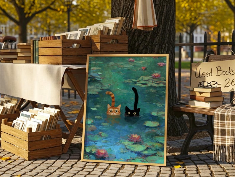 May include: A framed print of two cats in a pond with lily pads. One cat is ginger, the other is black. The artwork is displayed at an outdoor book sale, with books in wooden crates and a sign that reads "Used Books".