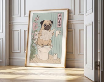 Kawaii Pug Toilet Art Print: Funny Japandi Bathroom Decor for Dog Lovers