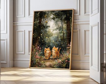 Cat Lover Kitten Whimsical Forest Nursery Art Print
