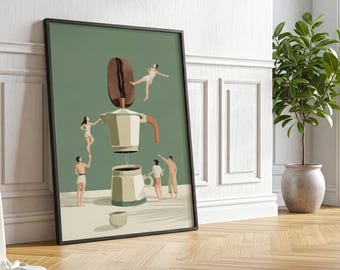 Coffee Art Print: Minimalist Coffee Lover Illustration, Boho Kitchen Decor